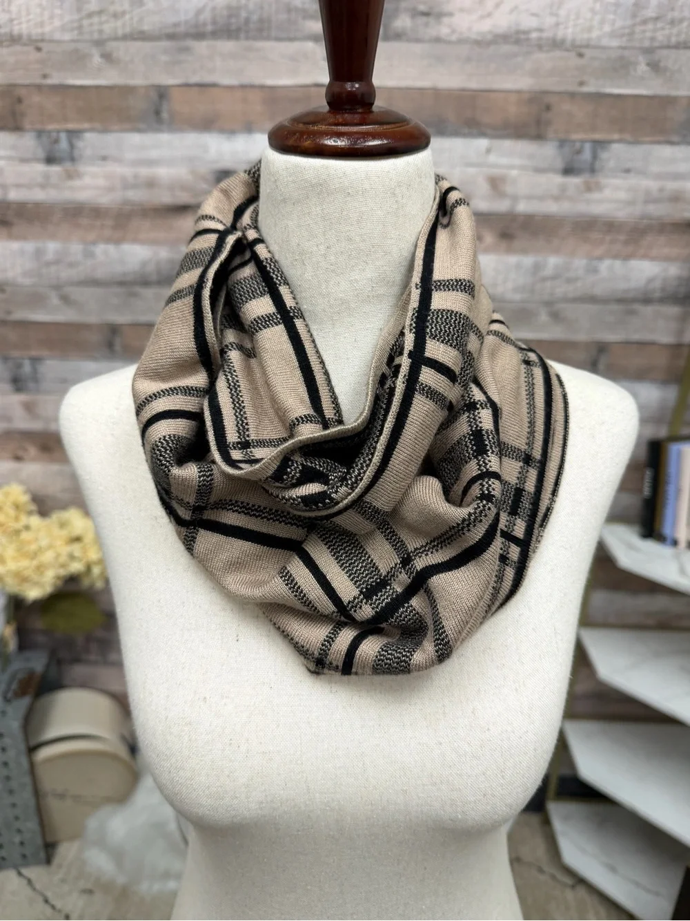 Wool blend tan & black plaid pattern triangular scarf